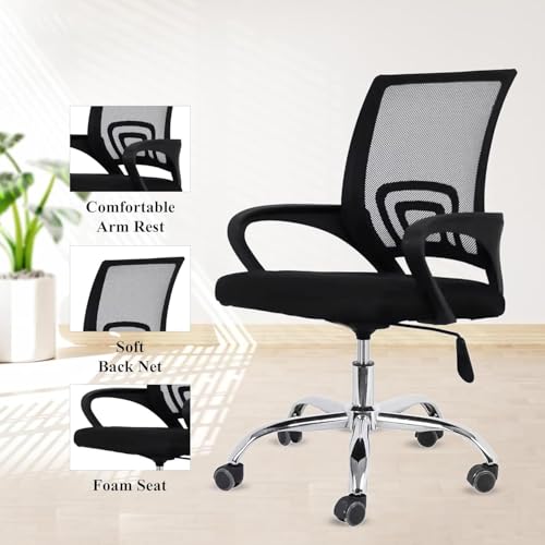 Image of Casa Copenhagen Mesh Mid Back Office /Study /Computer /Revolving /Desk Chair for Work from Home -Metal Base, Height Adjustable Seat- Dark Black & Black Handle