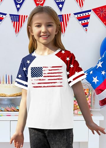 Image of CAZYCHILD Girls 4th of July USA Shirt American Flag Patriotic T-Shirt Independence Day Outfit for Kids 5-14Years