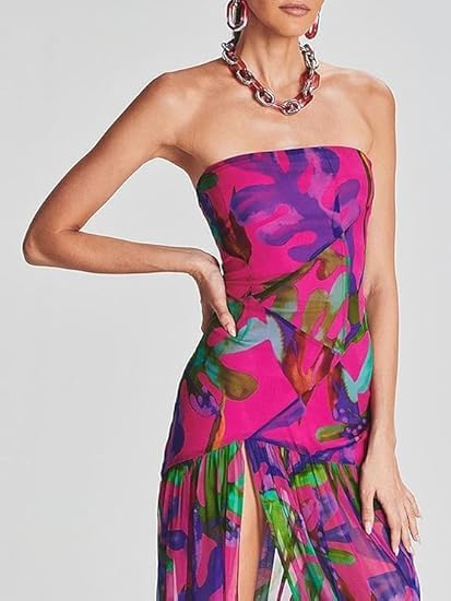 Image of Willow Dance Women Tube Top Dress Printed Mesh Patchwork Maxi Dress Strapless Sexy High Slit Long Dresses Party Clubwear