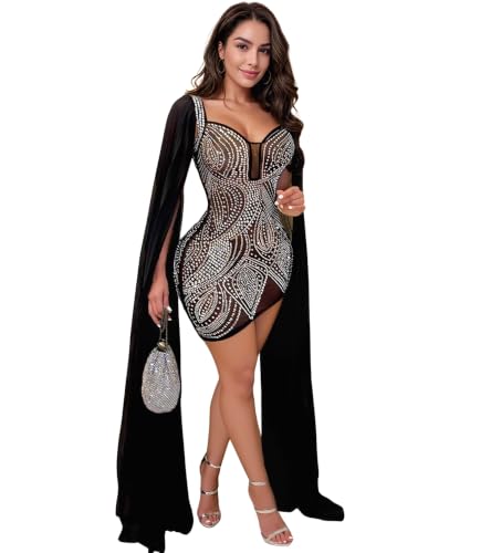 Image of PORRCEY Women's Sexy Elegant Rhinestone Mesh Party Club Night Mini Dress