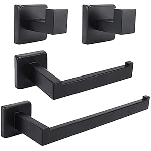Tysun 4 Pcs Bathroom Hardware Set Black, Stainless Steel Wall Mounted Towel Bar Set, Hand Towel Holder &Toilet Paper Holder & 2 Robe Hooks