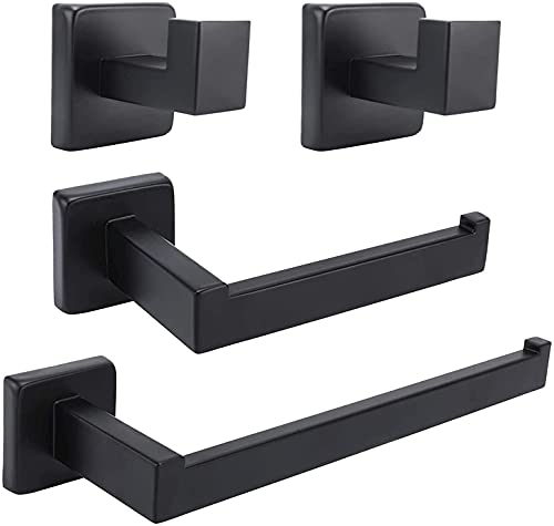 Tysun 4 Pcs Bathroom Hardware Set Black, Stainless Steel Wall Mounted Towel Bar Set, Hand Towel Holder &Toilet Paper Holder & 2 Robe Hooks