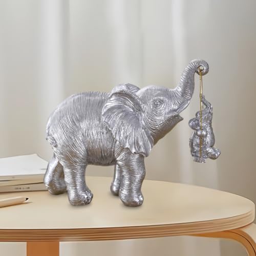 Fiorky Żywica Rzeźba słonia zwierzęcego przynosi szczęście Śliczne figurki słonia Złota/srebrna Huśtawka Matka Syn Statua słonia do wystroju salonu w domu (srebro)
