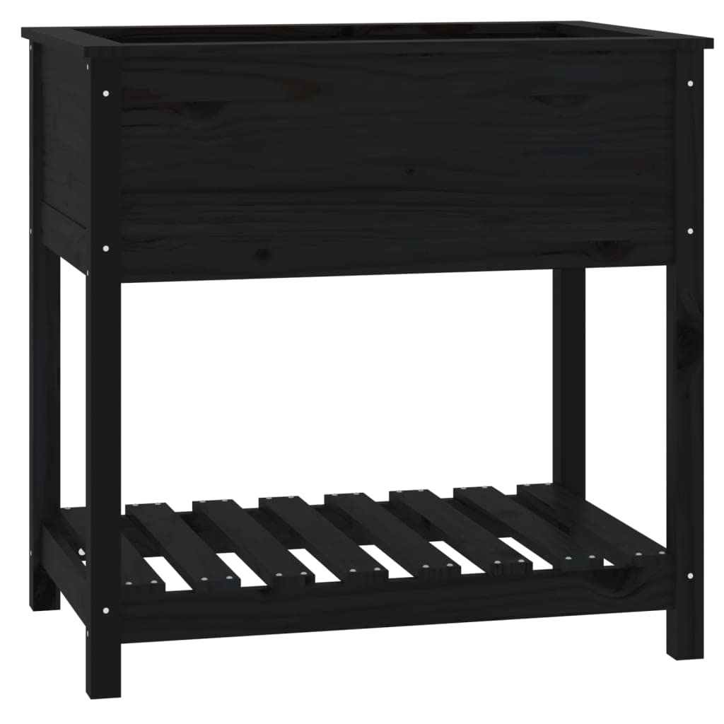 Jardinera con estante negro, 82,5 x 54 x 81 cm, madera maciza de pino para balcón y patio, jardinera elevada ergonómica con amplio espacio para plantas, huerto y hierbas aromáticas,