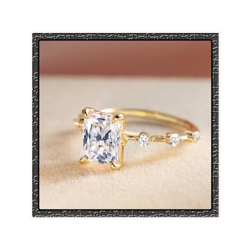 14K Gold Plated Cubic Zirconia Ring 925 Sterling Silver Emerald Cut CZ Wedding Promise Eternity Rings for Her Wedding Bands for Women Size 5-9