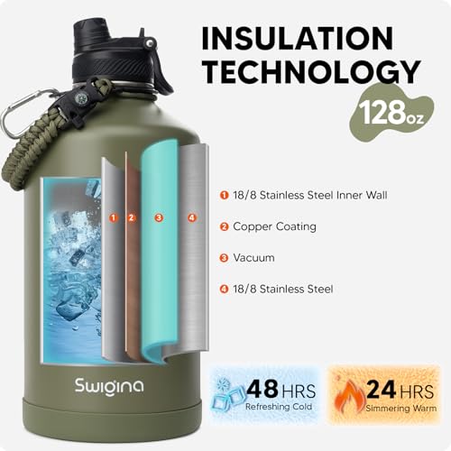 Image of Swigina [2-IN-1 LID] Gallon Insulated Water Bottle with Silicone Boot (48hrs Cold /24hrs Hot) - DIY Stickers, Leakproof, BPA Free, 128 oz