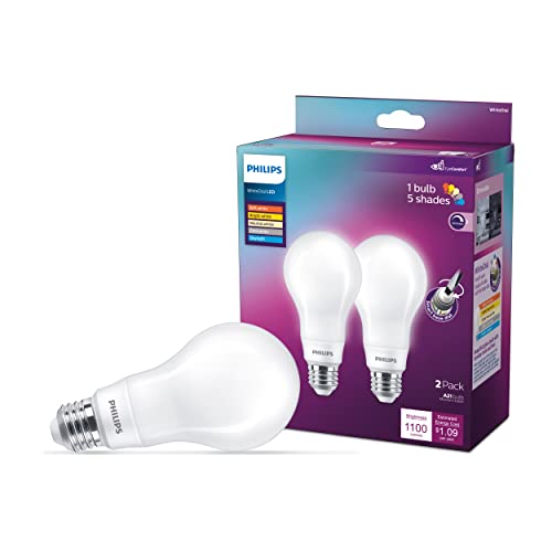 PHILIPS LED 100W A21 2-Pack WhiteDial Multi-CCT (5000K) 1600 Lumen (11.5W = 100W) Dimmable Frosted Flicker-Free Light Bulbs