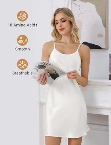 Image of THXSILK Women's Silk Nightgown, 100% Real 19 Momme Mulberry Silk Sleepwear Round Neck Spaghetti Strap Chemise Nightdress