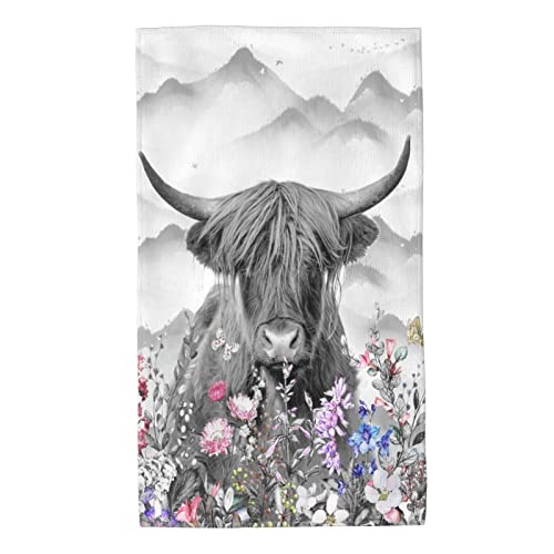 VARUN Long Hand Towels Farmhouse Highland Cow Cattle with Flowers Ultra Soft Towel Mountain Nature Landscape Painting Absorbent Luxury Towels for Bathroom Hotel Gym and Spa 27.5x15.7in