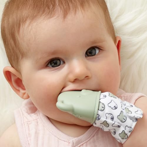 Image of Itzy Ritzy Silicone Teething Mitt - Soothing Infant Teething Mitten with Adjustable Strap, Crinkle Sound & Textured Silicone to Soothe Sore & Swollen Gums - for Ages 3 Months & Up (Bear)