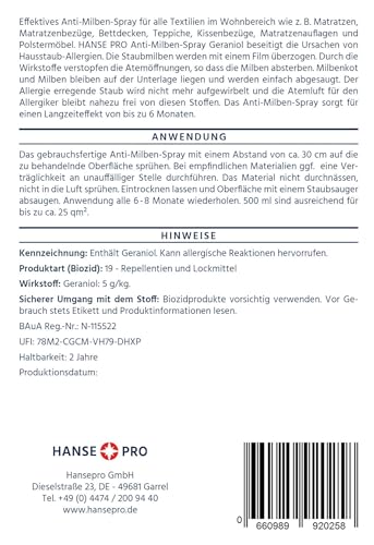 HANSE PRO Geraniol Anti-Milben-Spray, 2 x 500 ml I Hausstaub-Milben-Spray I Milbenschutz I Anti-Milben-Mittel gegen Bettwanzen & Milben I Hausstaubmilben-Allergie I Milben-Bekämpfung