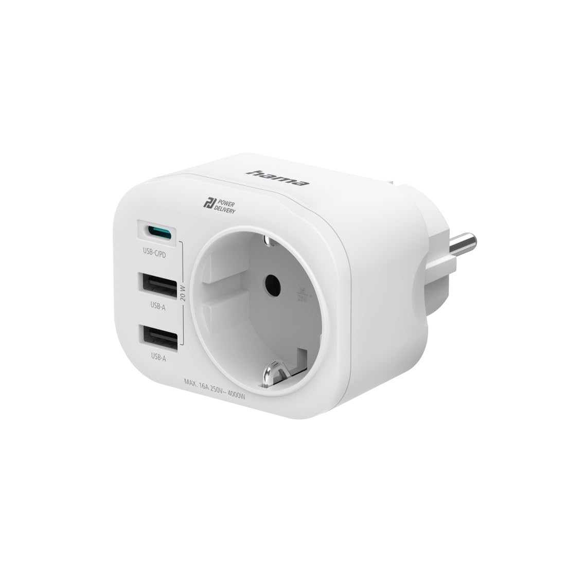 Hama adapter do gniazdka z ładowarką USB (gniazdo elektryczne do kontaktu, PD, Power Delovery, USB A, USB C, 20 W) biała