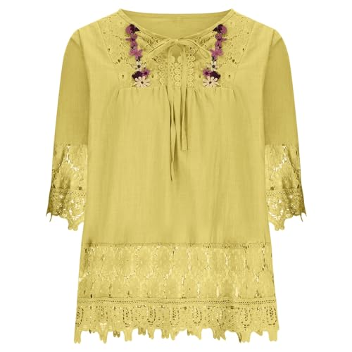 Plus Size Blouse Women Vintage Lace Patchwork Bow V-Neck Embroidery Summer Three Quarter Retro Solid Tops T-Shirt S-5XL