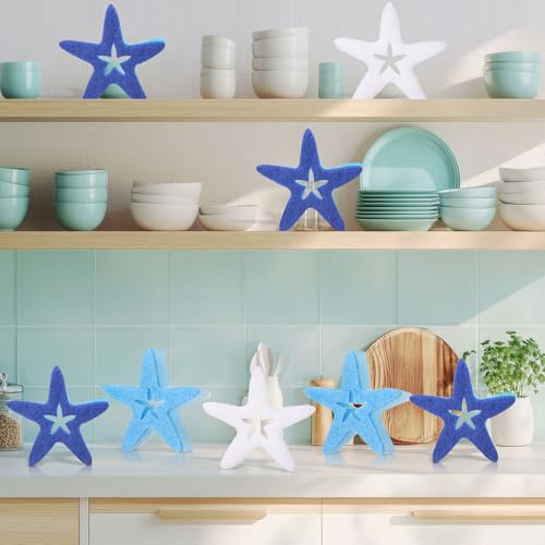 Image of Tioncy 12 Pack Summer Starfish Kitchen Sponges Bulk Dual Sided Scrubber White Blue Starfish Sponges Dishwashing Kitchen Cleaning Accessories for Funny Christmas Household Supplies
