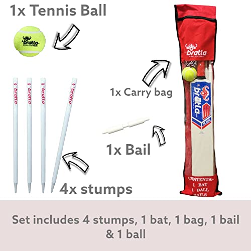 Bratla Wooden Cricket Kit - Cricket Set For Kids & Adults Contain Cricket Bat, Stumps For Cricket, Tennis Balls For Cricket, Cricket Full Set Comes In A Bag, Set Size 2 #TOP1