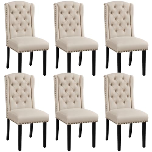 Yaheetech Lot de 6 Chaises de Salle à Manger en Tissu Effet Lin Design Classique Boutonné Ensemble de Chaises de Cuisine Rembourrées avec Pieds en Bois...