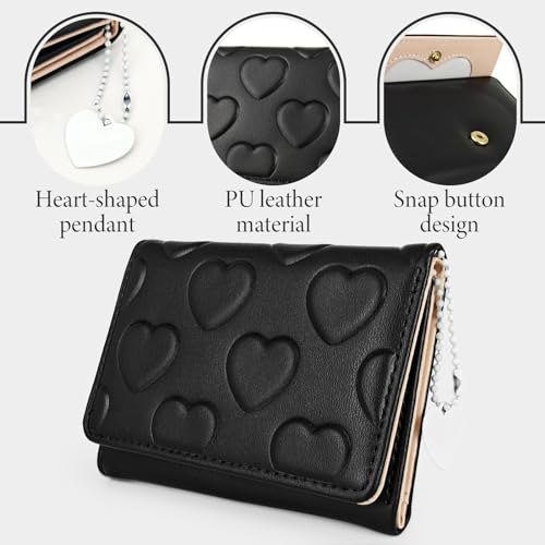 Credit Card Wallet with Heart-shaped Pendant, PU Leather Credit Card Holder for Women and Girls, Cute Women's Wallet Card Holder Wallet for Shopping, Dating, Travel (black)2