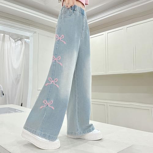 Baggy Bow Jeans Girls Distressed Wide Leg Straight Denim Pants Versatile High Waist Palazzo with Pockets4