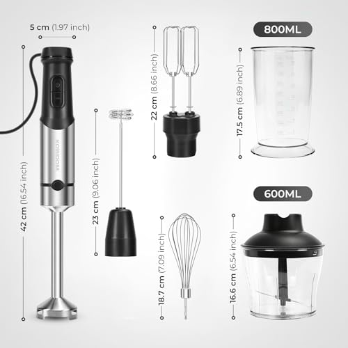 Batidora de Mano 1200W - 12 Velocidades + Turbo | Para Sopas, Purés (Bebés), Salsas y Batidos | Incluye Vaso Medidor 800ml, Picadora 600ml y Espumador de Leche | Acero Inoxidable | Fácil de Limpiar - imagen 8