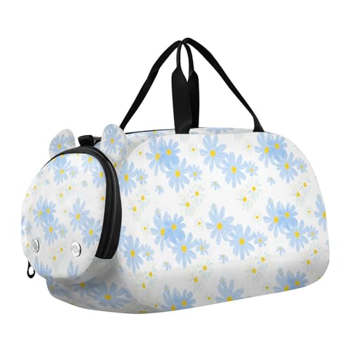 Flower Blue White Kids Travel Duffel Bag for Boys Girls Overnight Weekend Tote Bag with Shoes Compartment for Trip Beach Gym