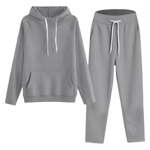 Sport-Set für Damen, 2-teilig, große Größe, Kapuzen-Sweatshirt und lässige Hose, Freizeit, einfarbig, mit Tasche, Baggy und bequem, für Herbst und Winter, grau, 52 Sport-Set für Damen, 2-teilig, große Größe, Kapuzen-Sweatshirt und lässige Hose, Freizeit, einfarbig, mit Tasche, Baggy und bequem, für Herbst und Winter, grau, 52