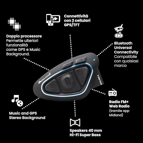 Midland - Interfono Moto Bluetooth BTX2 Pro S Singolo, Auricolari Casco Impermeabili IPX6, Doppio Processore Bt, 800 M, 4 Coppie, Batteria 23H, Cancellazione Rumore, Audio Hi-Fi, Universal Intercom - 9