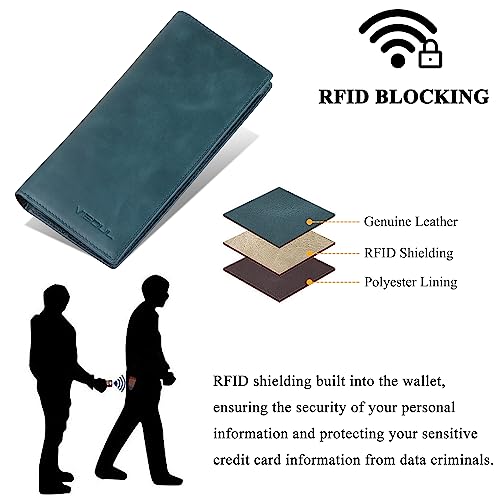 Image of VISOUL Leather Checkbook Cover Wallet for Men with RFID Blocking, Mens Long Bifold Cash Tall Wallet with 11 Credit Card Slots 1 ID Window (Dark Blue)