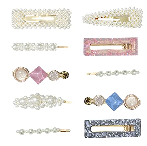 10 PCS Pearls and Acrylic Resin Metal Fashion Hair Clips, Handmade Hair Barrettes, Gold Metal Hairpin Hair Accessories Headwear Styling Tools, Gifts for Women Girls Decorative Party Wedding (10Pcs-A)