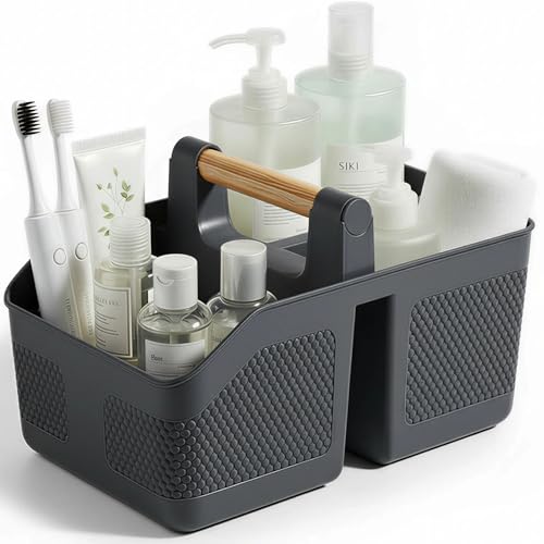 Plastic Shower Caddy Portable Shower Basket with Bamboo Handle, Dark Gray