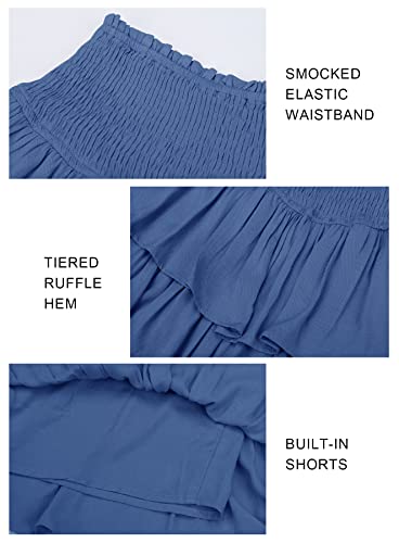 Beaully Women's Layered Ruffles Smocked High Waist Short Mini Skirt Summer Casual Short Skirt 6067 Blue X-Large #TOP4