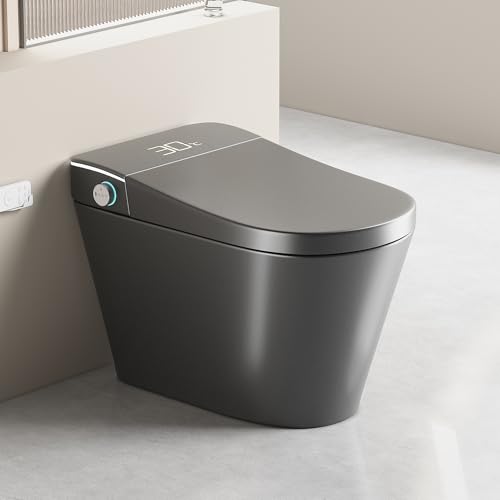 Inodoro de una pieza con bidé integrado, sensor de pie, tapa automática, inodoro inteligente con agua tibia para baño, color gris