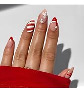 Christmas Press on Nails Medium Almond MABKJLF Red French Tip Fake Nails False Nails with Designs...