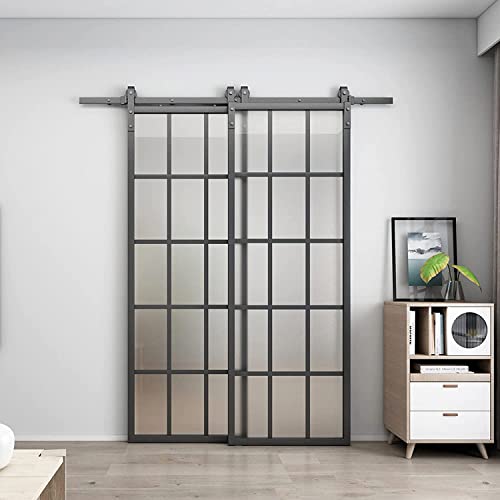 Barnsmith Bypass Double Glass Barn Door 60 X 84 In With 6.6Ft Side-Mounted Hardware Kit, 2 Sets Of 30X84 Frosted Glass Aluminum Frame Barn Door,Assemble Required(2 * 30Inx 84In) #TOP1