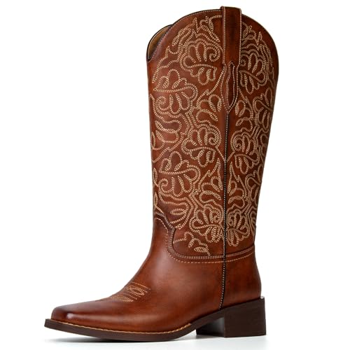 Western Cowboy Boots for Women Embroidered Square Toe Pull on Cowgirl Boots Women Chunky Heel Fashion Mid Calf for Country Music Festival