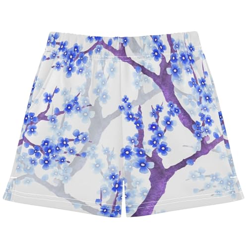 pnyoin Girl's Shorts Chinoiserie Blue Flower Athletic Running Shorts with Pockets Size 9-10t