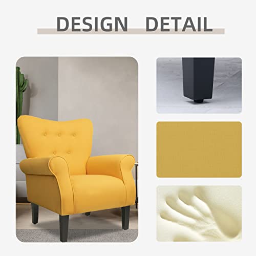 Modern Fabric Accent Chair, Mid-Century Style High Backrest Lounge Chairs, Arm Chairs For Living Room, Single Sofa For Home, Office, Club, Reading And Rest (Yellow) #TOP3