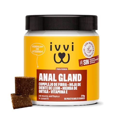ivvi Anal Gland - Snacks zur Unterstützung der Analdrüsen bei Hunden. Enthält Kürbisfleisch, Flohsamenschalen, Leinsamen, Löwenzahn, Brennessel und Präbiotika. 60 Snacks (270g) mit Erdnussbutter ivvi Anal Gland - Snacks zur Unterstützung der Analdrüsen bei Hunden. Enthält Kürbisfleisch, Flohsamenschalen, Leinsamen, Löwenzahn, Brennessel und Präbiotika. 60 Snacks (270g) mit Erdnussbutter