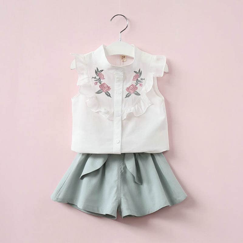 Image of Bold N Elegant Floral Embroidered Cotton Sleeveless Ruffle Top and Shorts Clothing Set for Infant Toddler Baby Girl
