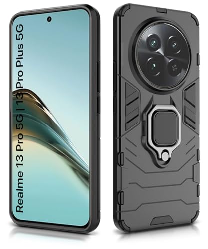 Image of WOW IMAGINE Shock Proof Back Case Mobile Cover for Realme 13 Pro 5G | Realme 13 Pro Plus 5G | Back Cover Case (Tough Armor | Hybrid PC + TPU | Ring Holder & in-Built Kickstand | Black)