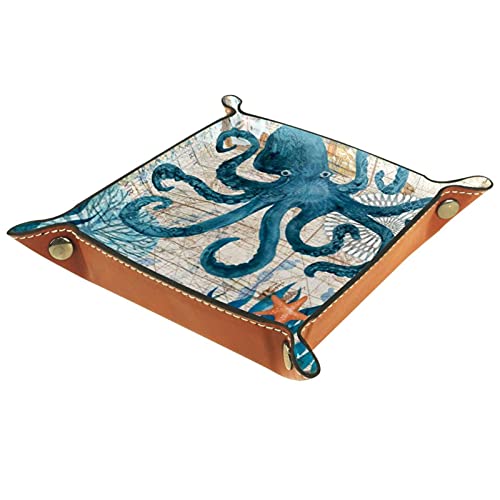 Pu Leder Tablett Organizer, Abnehmbare Zwei Fächer Taschenleerer Blaue Oktopus-Schatzkarte Für Schmuck Schlüssel Geldbörsen Uhren Münzen 20.5x20.5cm//8x8in Cover