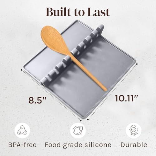 Image of Cooler Kitchen Gray Silicone Spoon Rest for Stove Top with Drip Pad (1 Pack) - Extra Large Heat-Resistant, BPA-Free Utensil Rest for Kitchen Counter - Utensil Holder for Spatulas, Tongs, Ladles