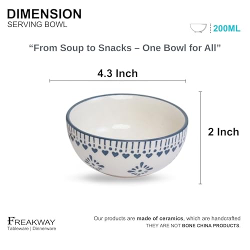 Image of Freakway Handcrafted Ceramic Serving Bowls Set | 200 ML | Microwave Safe, Chip-Resistant Stoneware for Soup, Snacks & Desserts (Set of 6, Blue & White)