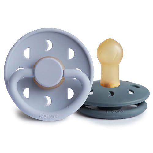 Image of FRIGG Moon Natural Rubber Baby Pacifier | Made in Denmark | BPA-Free (Powder Blue /Slate, 0-6 Months) 2-Pack