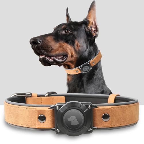 Halsband Hund Leder mit Air Tag Halter, Airtag Hundehalsband IPX8 Wasserdicht, Handgefertigt, Weich und Bequem, Reflektierend, Verstellbare Polsterung, für Mittlere Große Hunde (Hellbraun, L)