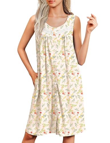 Image of Ekouaer Nightgowns for Women Button Up Sleepshirt Tank Sleeveless Nightshirt Soft Sleepwear with Pockets S-XXXL