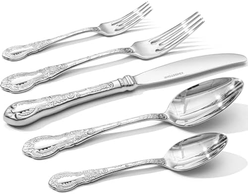 KINGSTONE Vintage Carved Silverware Set, 40-Piece 18/10 Stainless Steel Flatware Cutlery Set with Retro Royal Thick Handle, Tableware Utensils for Home, Restaurant, party, Wedding, Dishwasher Safe