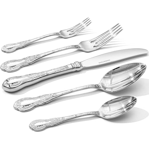 KINGSTONE Vintage Carved Silverware Set, 40-Piece 18/10 Stainless Steel Flatware