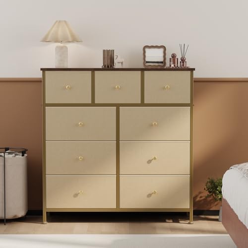 Image of OLIXIS 9 Drawer Storage Dresser with Wood Top - Wide Fabric Chest Organizer for Bedroom, Closet, Living Room,Tower Cabinet, TV Stand, Hallway Entryway Furniture,Khaki