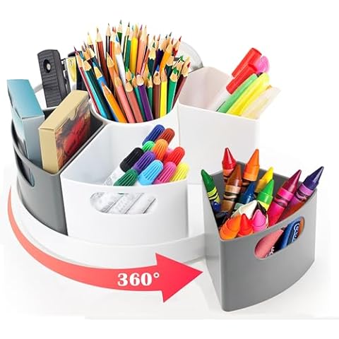 ZERUIDM Rotating Art Supply Organizer Storage Caddy for Kids, 7 Bins Craft Crayon Marker Organizer for School Desk, Lazy Susan Pencil Holder for Classroom Organization, Homeschool Supplies Cover