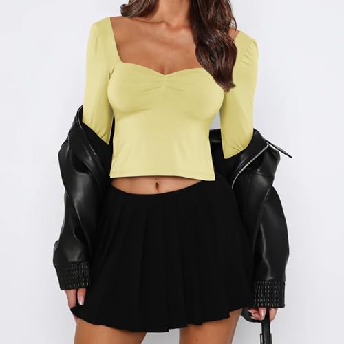 Balimtoy Women Long Sleeve Sweetheart Neck Crop Top Side Slit Ruched Y2k Cute Going Out Tops Slim Fit Fall Tee Shirt Yellow XS by Balimtoy - Used condition - Image 3